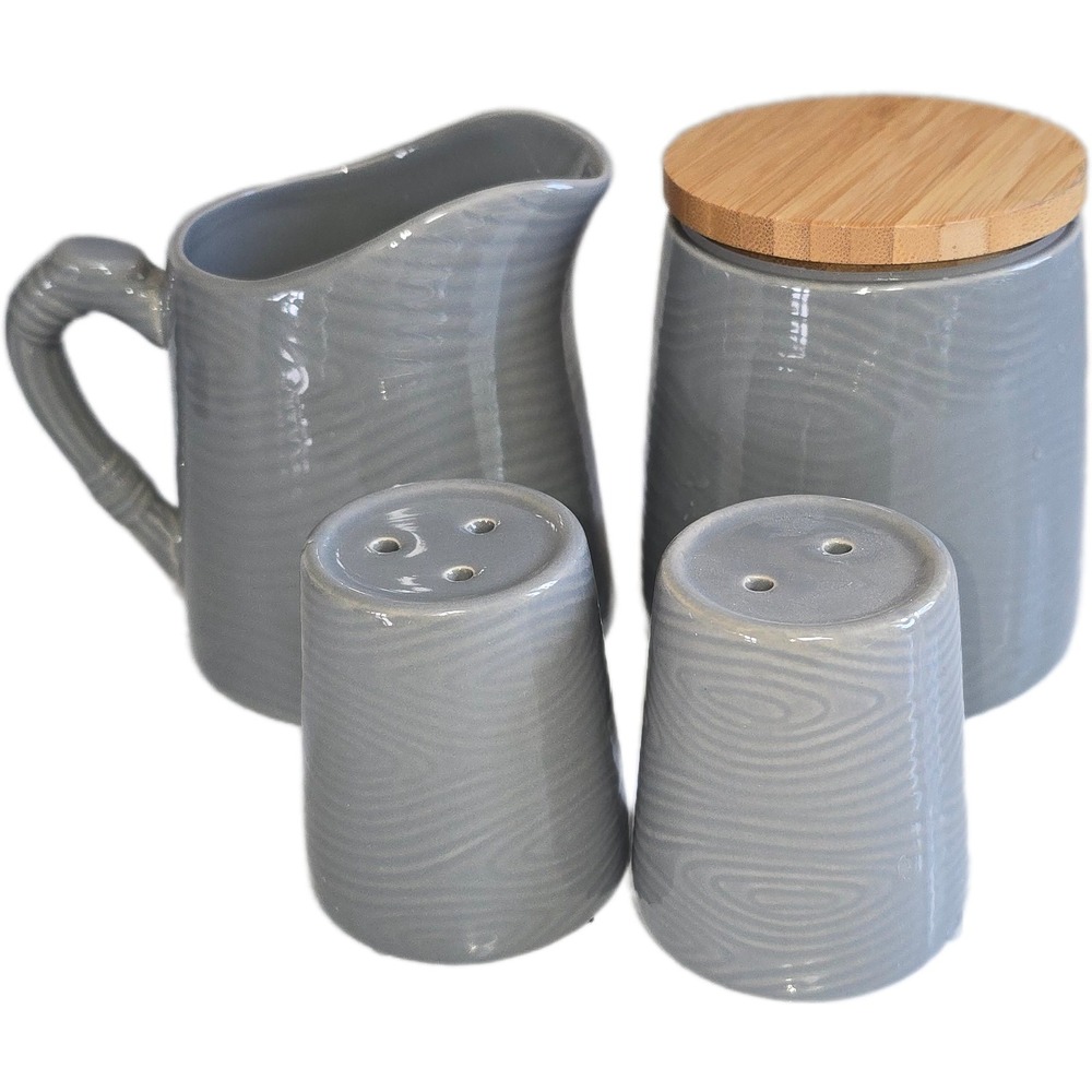 Temp-tations by Tara Woodland Grey Ceramic Creamer Sugar Salt Pepper Set 4pc